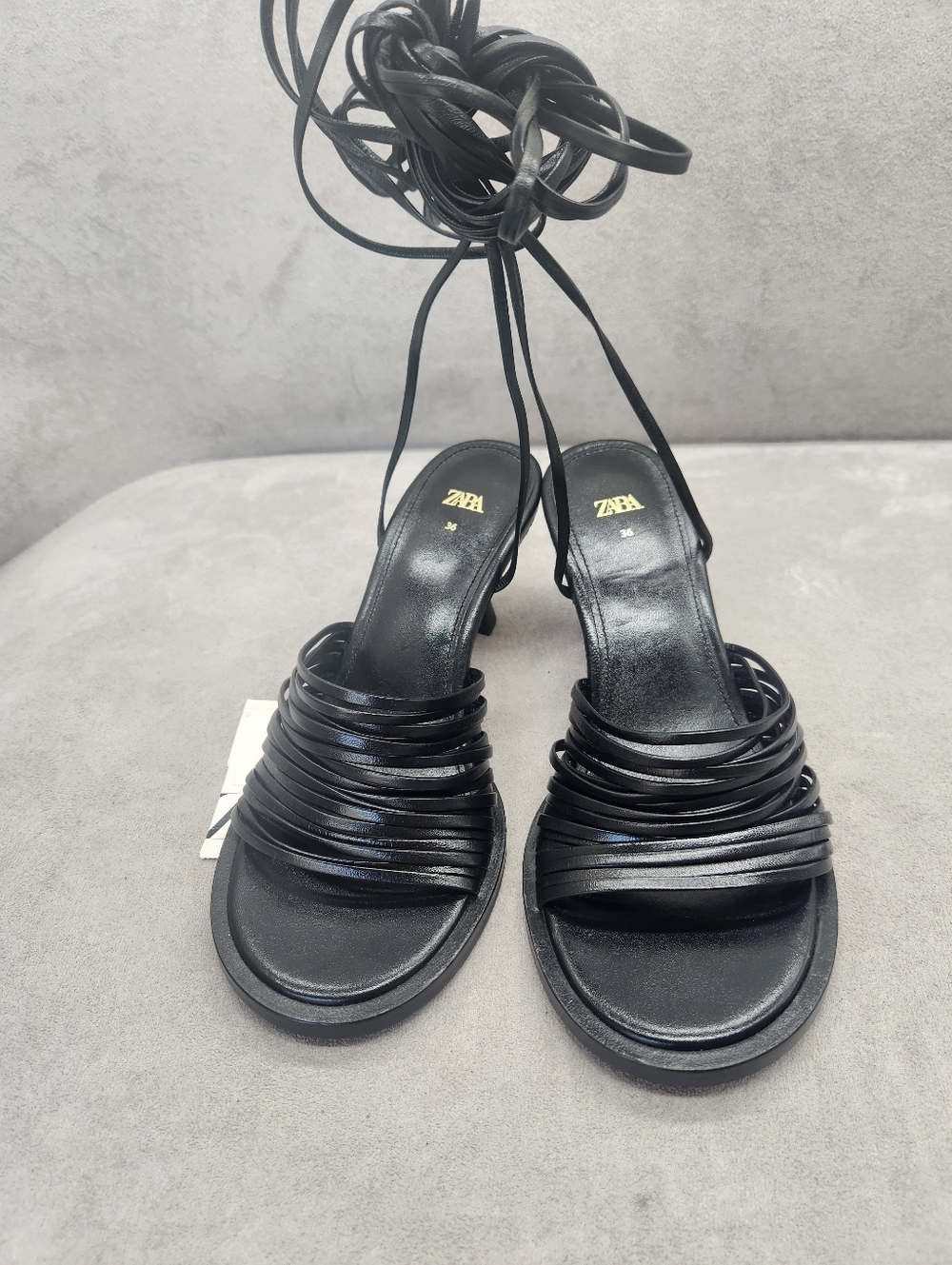 Zara Heeled Sandals 6 Black Leather Strappy Lace Up Calf Made In Spain New $170